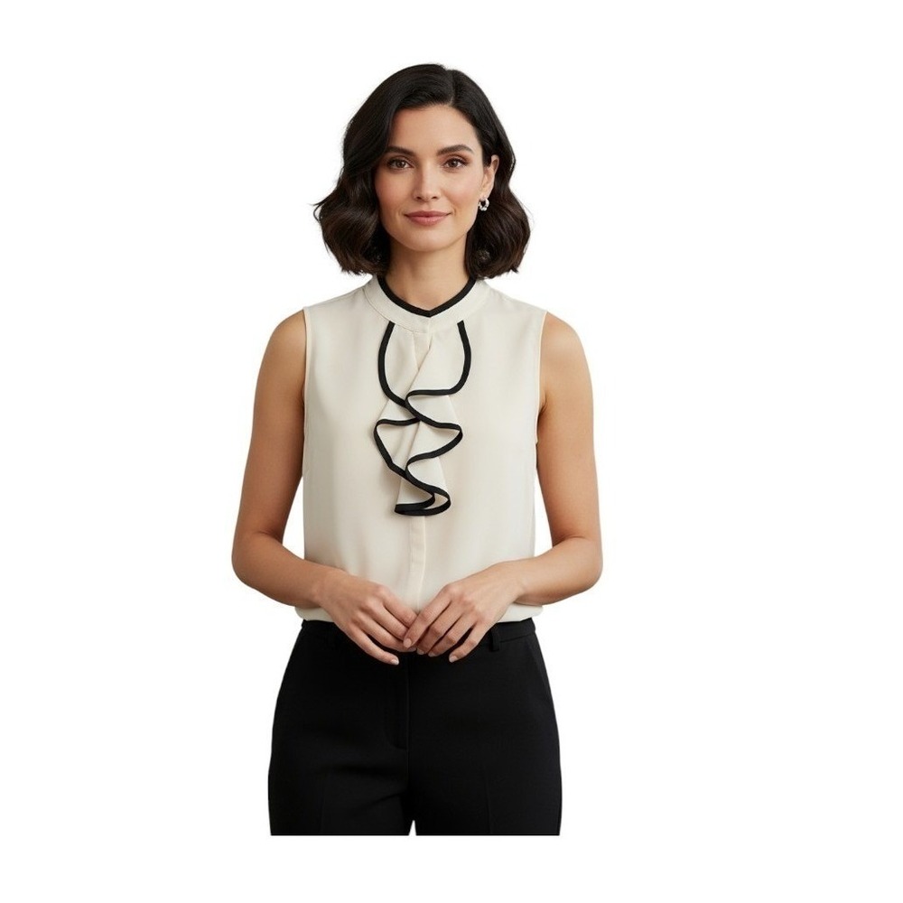 Calvin Klein Top Blouse Ivory Elegant Classic Black Trim Sleeveless  Medium